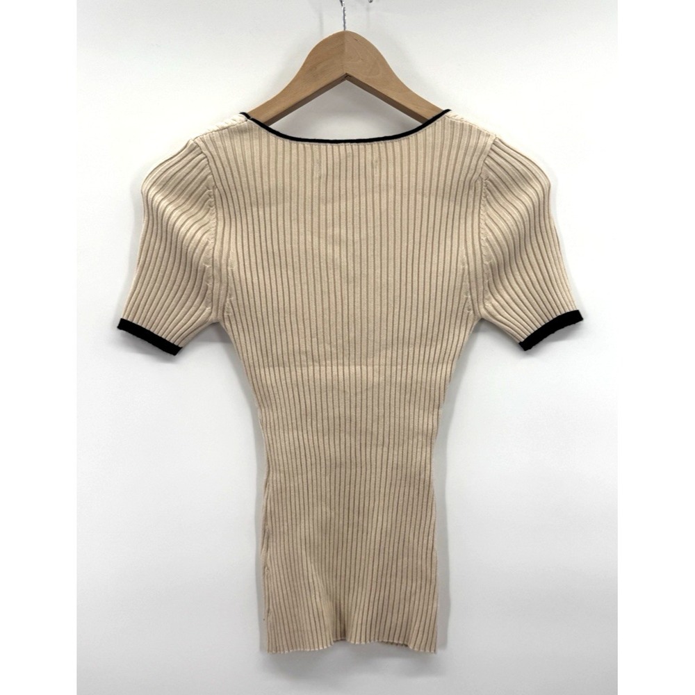 Y2K Womens Small Top Tan Ribbed Knit Slim 90s Fit Square Neck Black Trim Layers - Picture 2 of 7